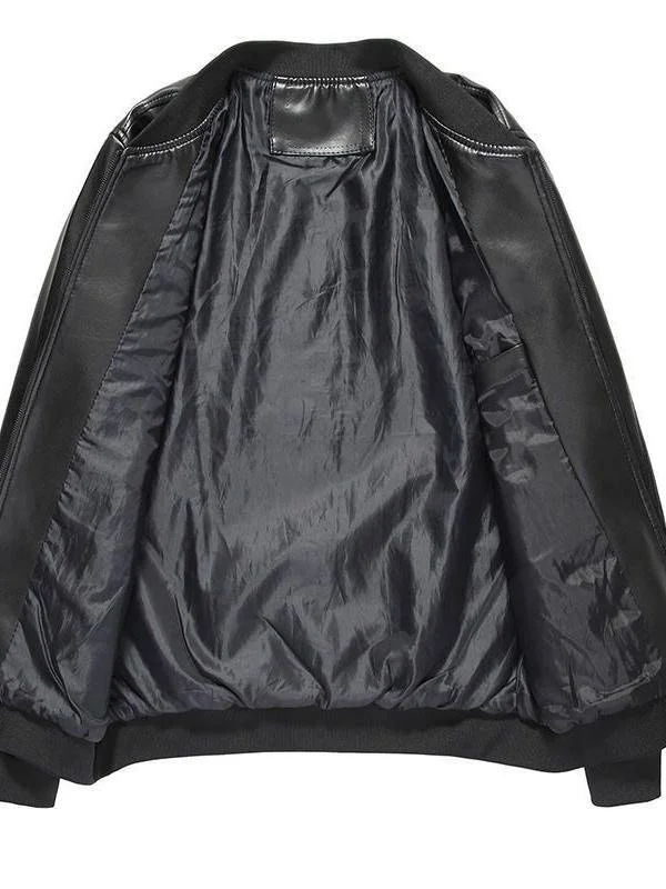 سترة جلدية رجالية جديدة للخريف والشتاء مبطنة بالصوف، إغلاق بسحاب، أكمام طويلة، تصميم عصري بنمط حضري، معطف بنمط ألوان متباينة #3