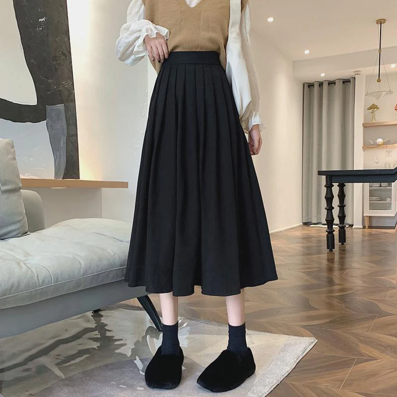 Vintage Korean Pleated Long Skirt Women Corduroy High Waist Skirt A-Line Casual Ladies College Style Solid Brown Midi Skirt