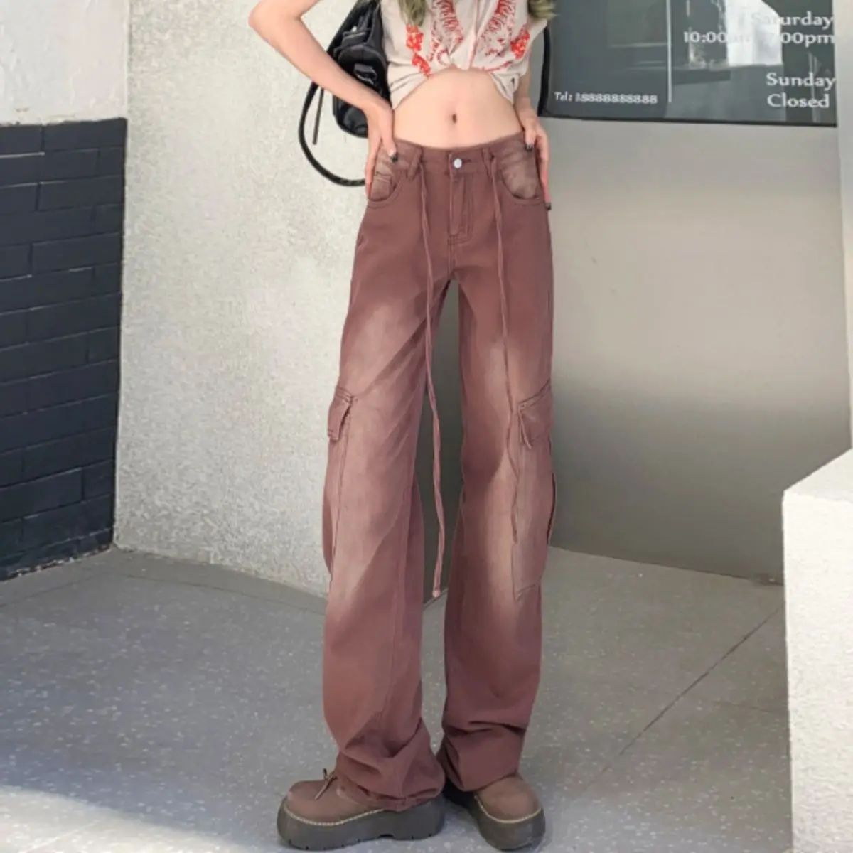 

Retro Gradient Brown Jeans Women's Summer New Lace Up Straight Loose Pocket Wide Leg Work Suit Pants