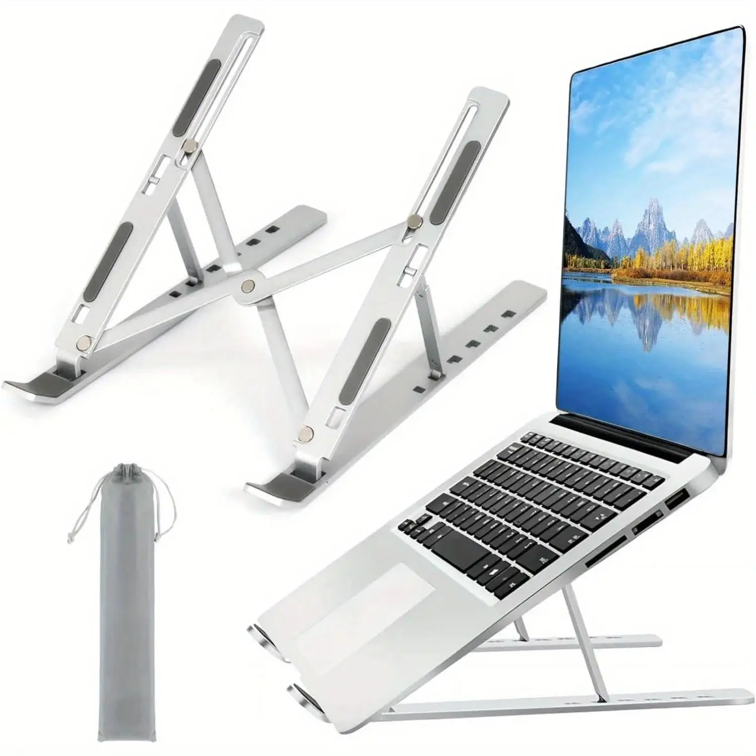 Adjustable silver aluminum laptop stand with sleek minimalist design and adjustable height and angle for ergonomic use
