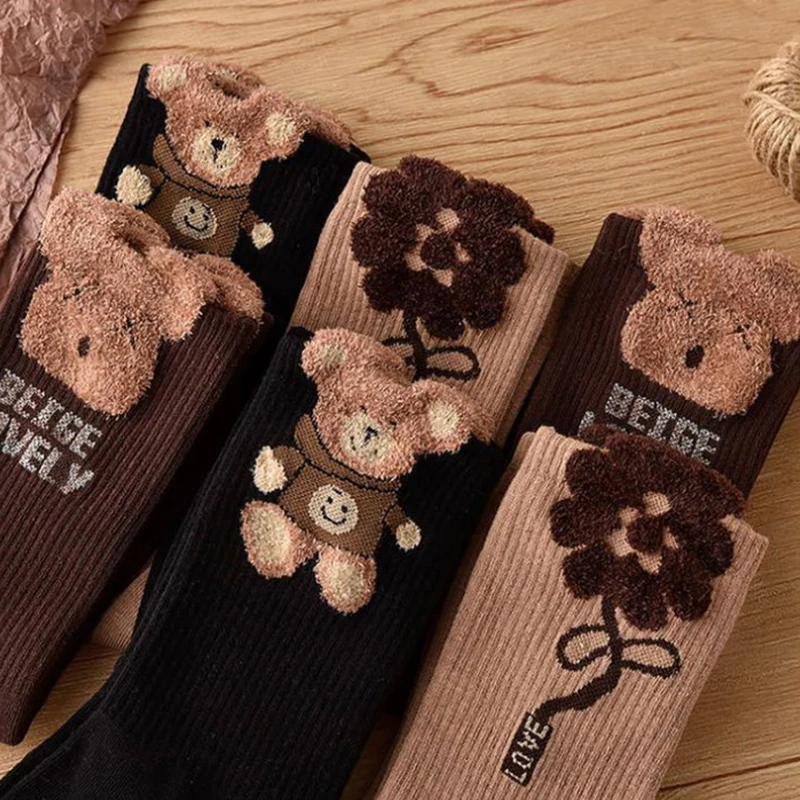 Meias de urso de pelúcia femininas, meias Kawaii fofas, meias lindas estilo coreano para meninas, outono e inverno, 1 par