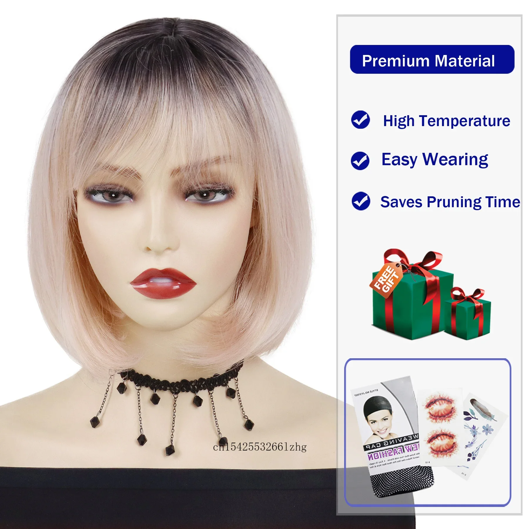 GNIMEGIL Synthetic Dark Rooot Ombre Pink Wig for Women Natural Straight Wig with Bangs Daily Cosplay Halloween Party Lolita Wig