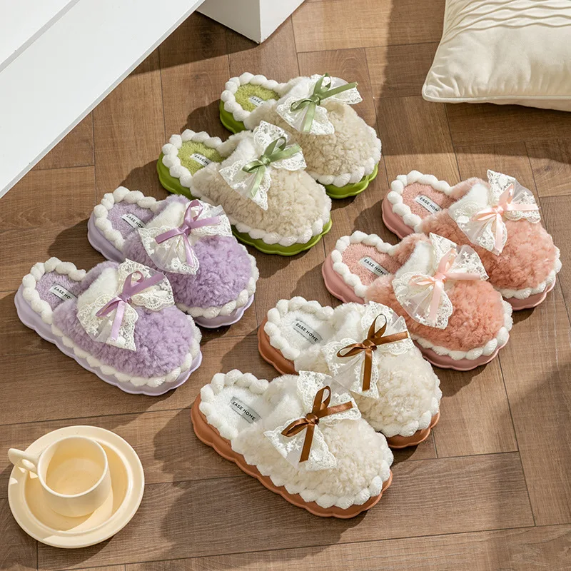 

Women's Bow Cotton Slippers Indoor Home Winter Warm Shoes Thick Sole Anti-slip Soft Fur Slippers