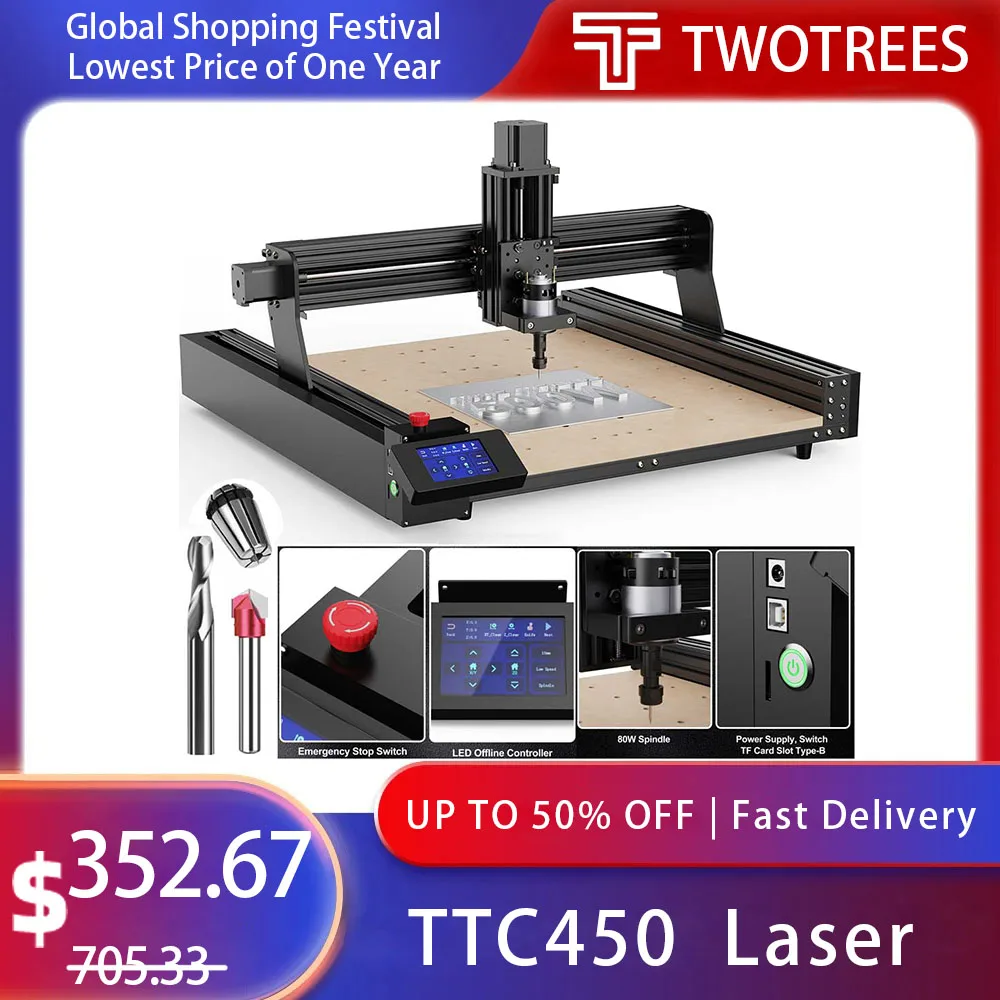 Twotrees TTC450 CNC Laser Engraver Wood CNC Router Milling Cutting Machine DIY Woodworking For Acrylic PCB PVC Metal Carving