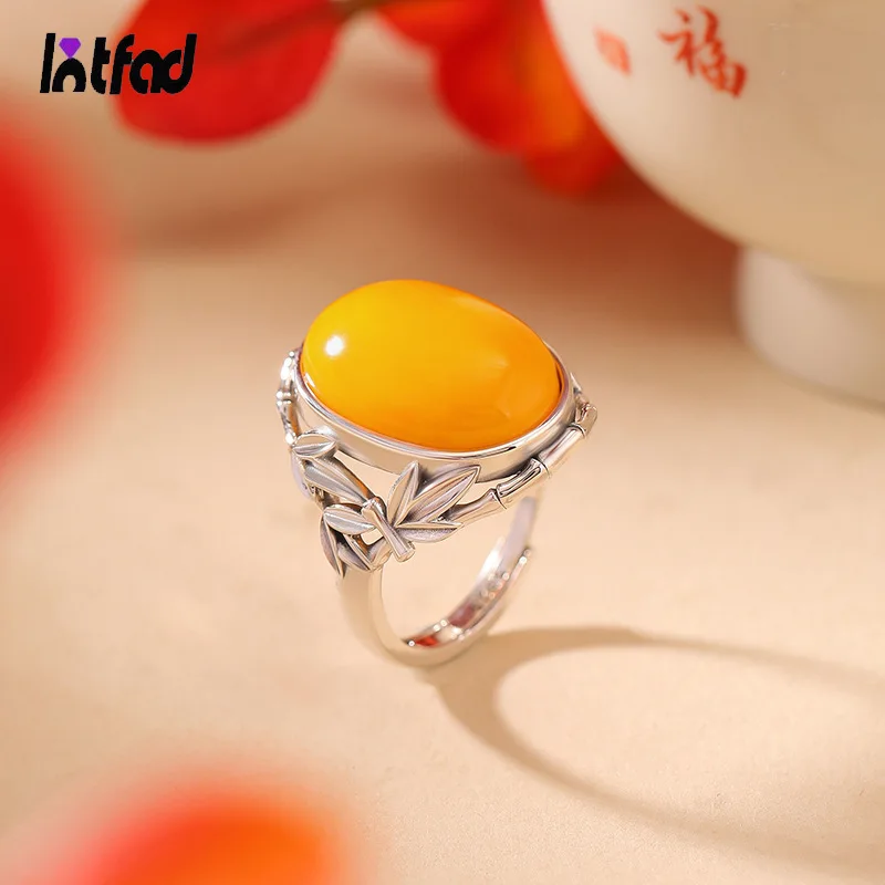 

S925 Sterling Silver Vintage Natural Missile Ring Orange Amber Stone Bamboo Leaf Opening Adjustable Ring For Men Women