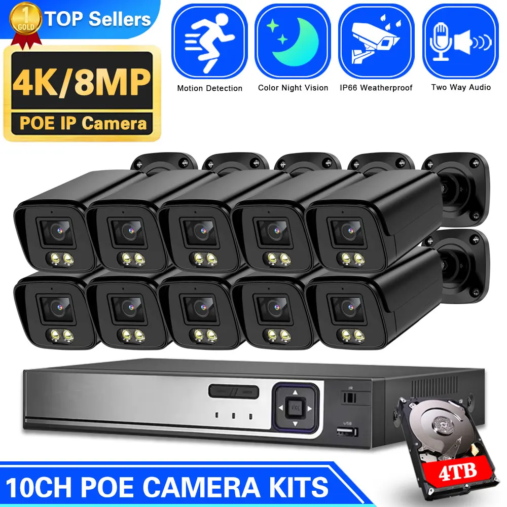 

4K 8MP POE IP Security Surveillance Camera System 10CH 4K NVR AI H.265 Waterproof Two-Way Audio Outdoor POE security camera Set