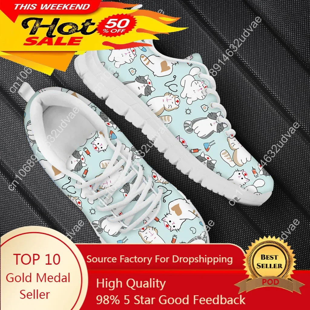 Women Nurse Sneakers Cartoon Cat Veterinary Print Lightweight Mesh Flats Ladies Casual Winter Cute Nursing Shoes New