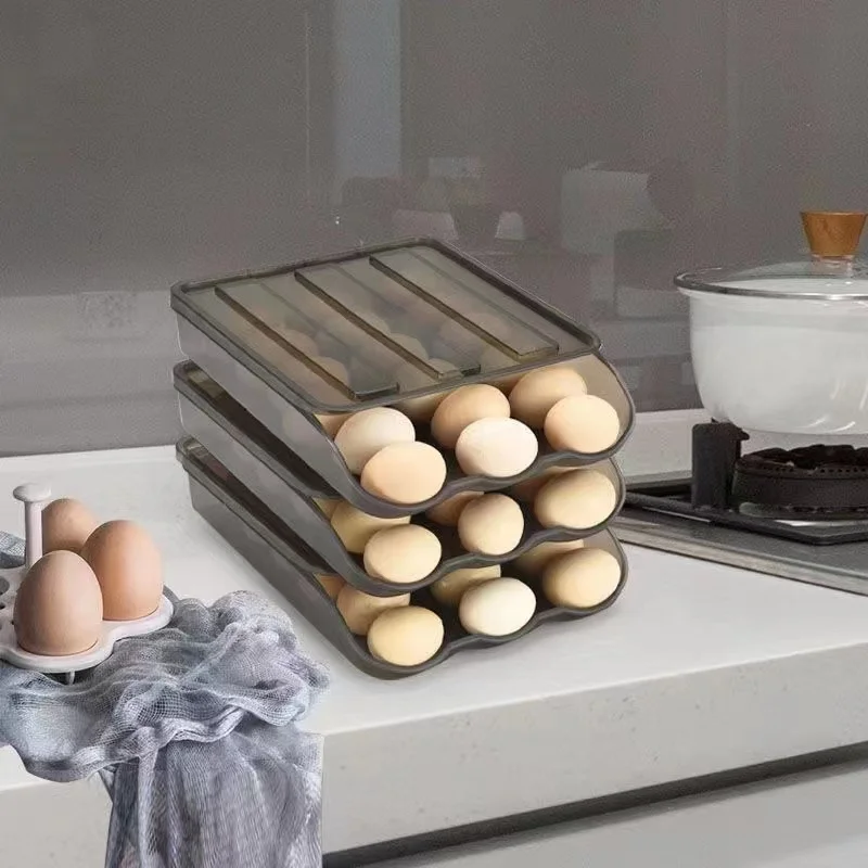 Automatic Slide Eggs Storage Box Plastic Eggs Holder Basket Container Dispenser Organizer Closet For Fridge Kitchen Drawers Home