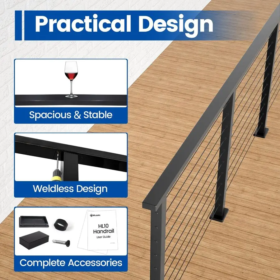 66 Aluminum Black Cable Railing Handrail Rectangular Handrail for Cable Railing System Top Rail Deck Stair Indoor Outdoor Length