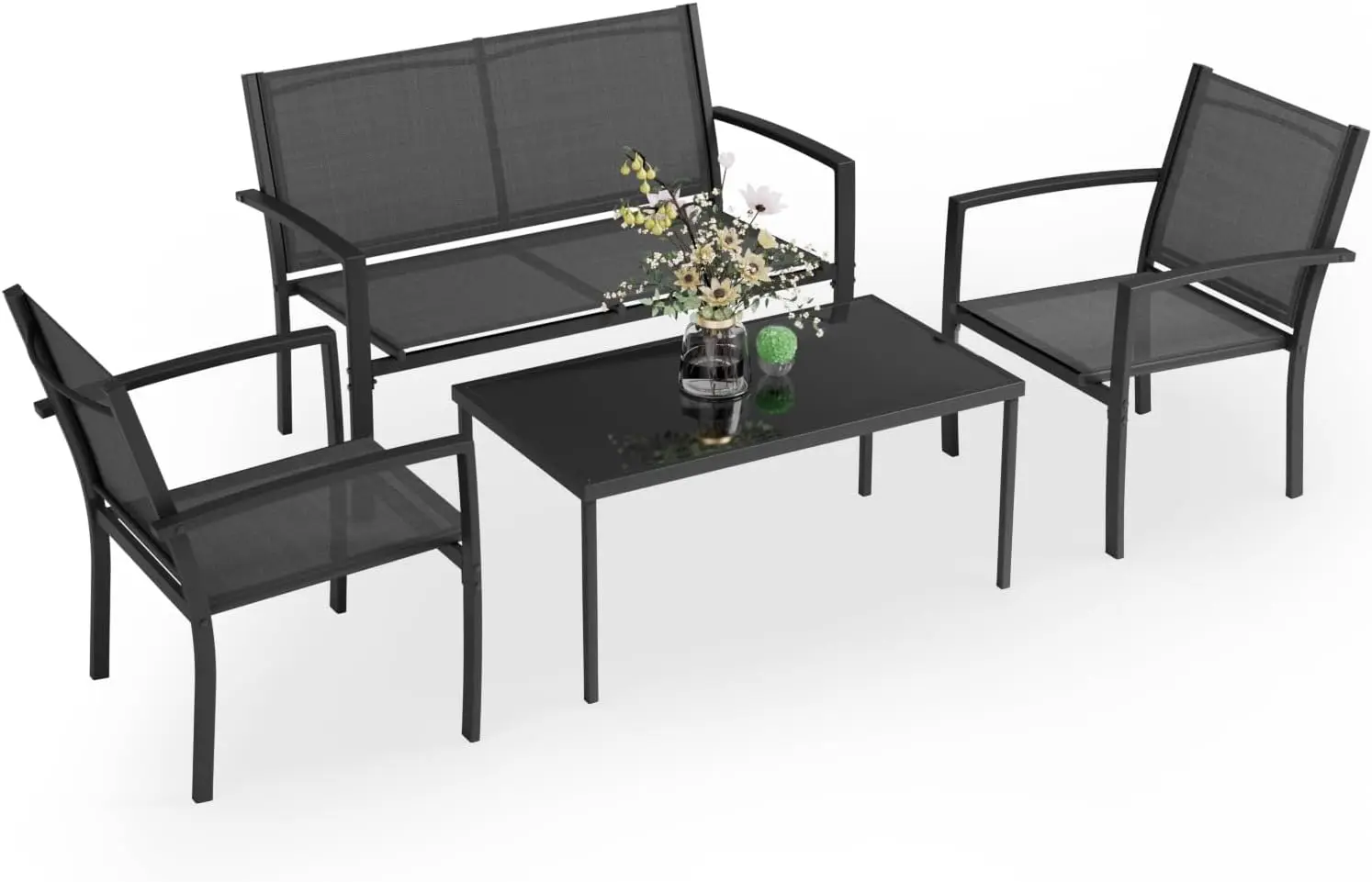 

Greesum 4 Pieces Patio Furniture Set, Outdoor Conversation Sets for Patio, Lawn, Garden, Poolside with A Glass Coffee Table, Bla