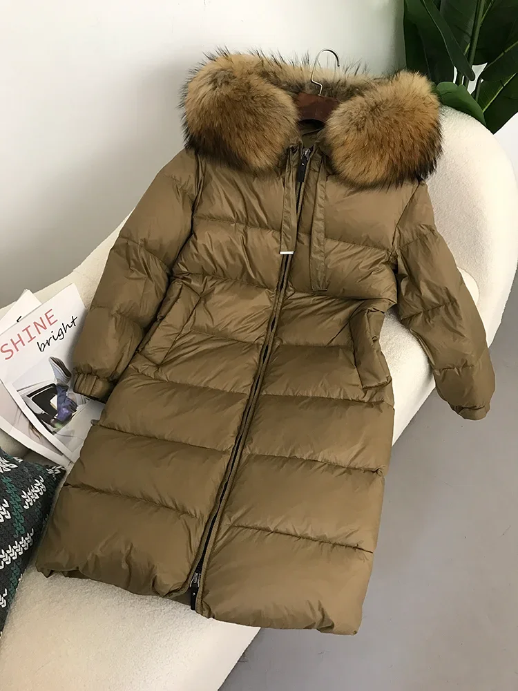 2025 المرأة الأبيض بطة أسفل الإناث معطف دافئ سميك ريال الراكون الثعلب الفراء طوق مقنعين سترة طويلة Winte ملابس خارجية فاخرة