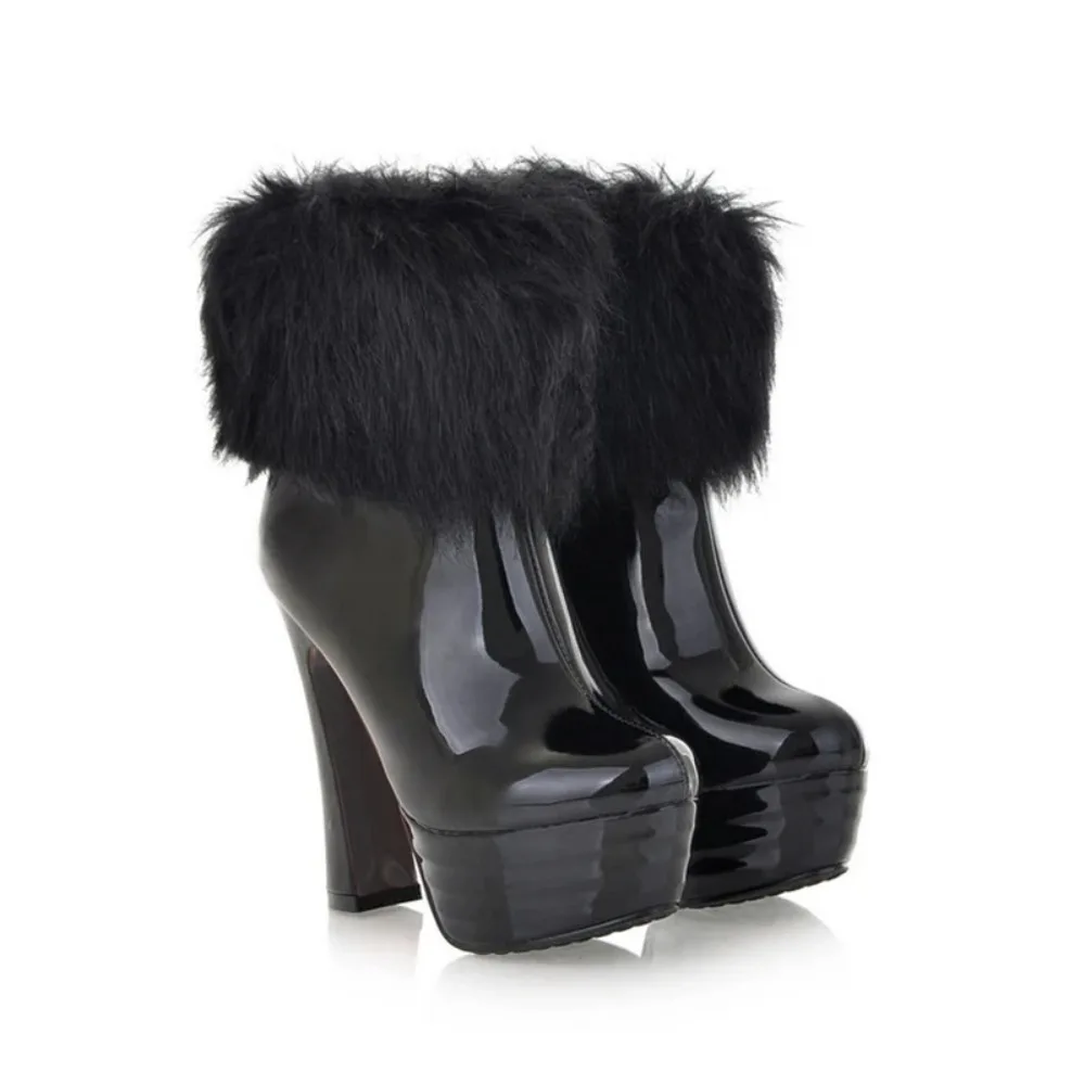 

QPLYXCO Ankle Boots WomenSexy High Heels Inner Zipper Patent Leather Fur Warm Platform Snow Boots Plus Size 50 51 52 M-911