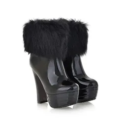 QPLYXCO Ankle Boots WomenSexy High Heels Inner Zipper Patent Leather Fur Warm Platform Snow Boots Plus Size 50 51 52 M-911