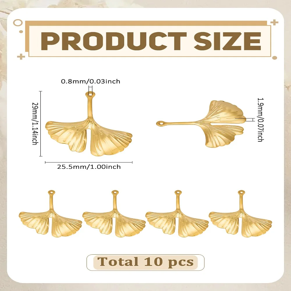 10Pcs 201 Stainless Steel Pendants Ginkgo Leaf Real 24K Gold Plated 29x25.5x1.9mm Hole: 0.8mm view 2