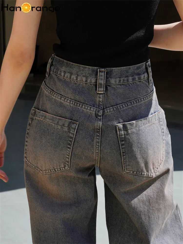 HanOrange 2024 Summer Vintage Personalized High Waist Wide Leg Jeans Women Casual Denim Pants Female Rust