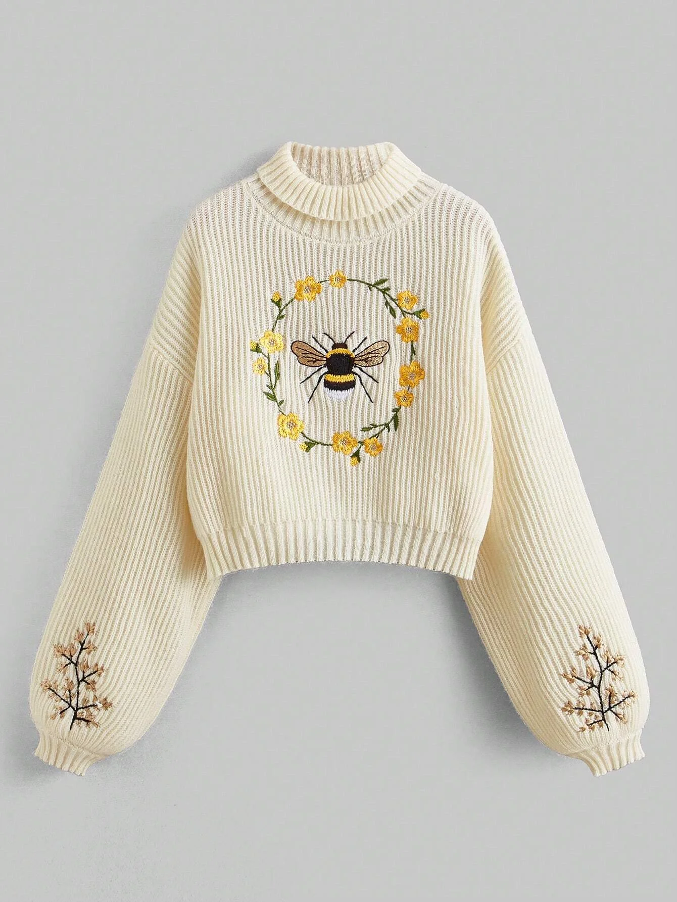 Ladies Autumn Embroidery Sweater Fashion Turtleneck Warm Knitted Tops Short Bee Embroidery Pullover 2024 New Tops Female