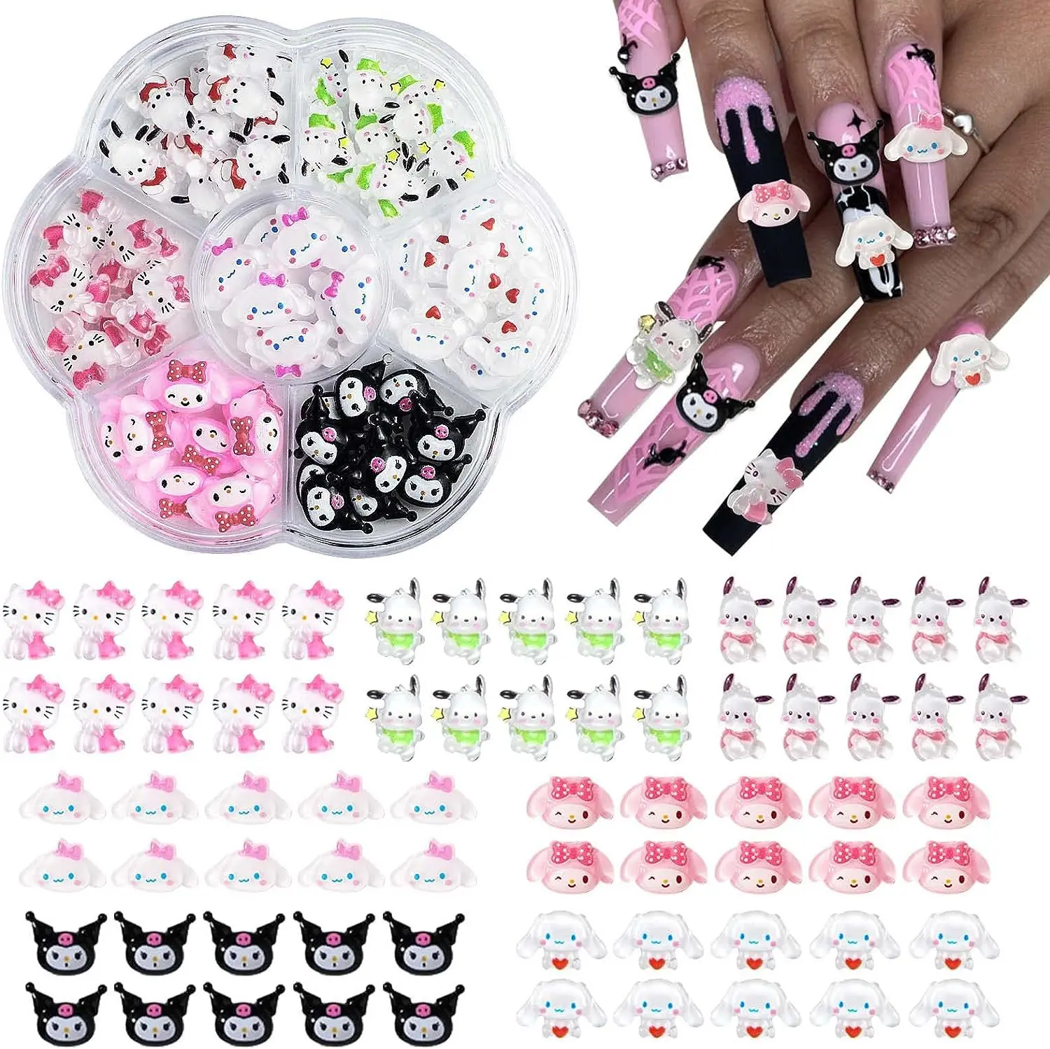 70pcs Miniso Kuromi Nail Rhinestone Gems Flatback Colorful 3D Hello Kitty Nail Jewelry Charms Kit Cute Manicure Nails Art Decor