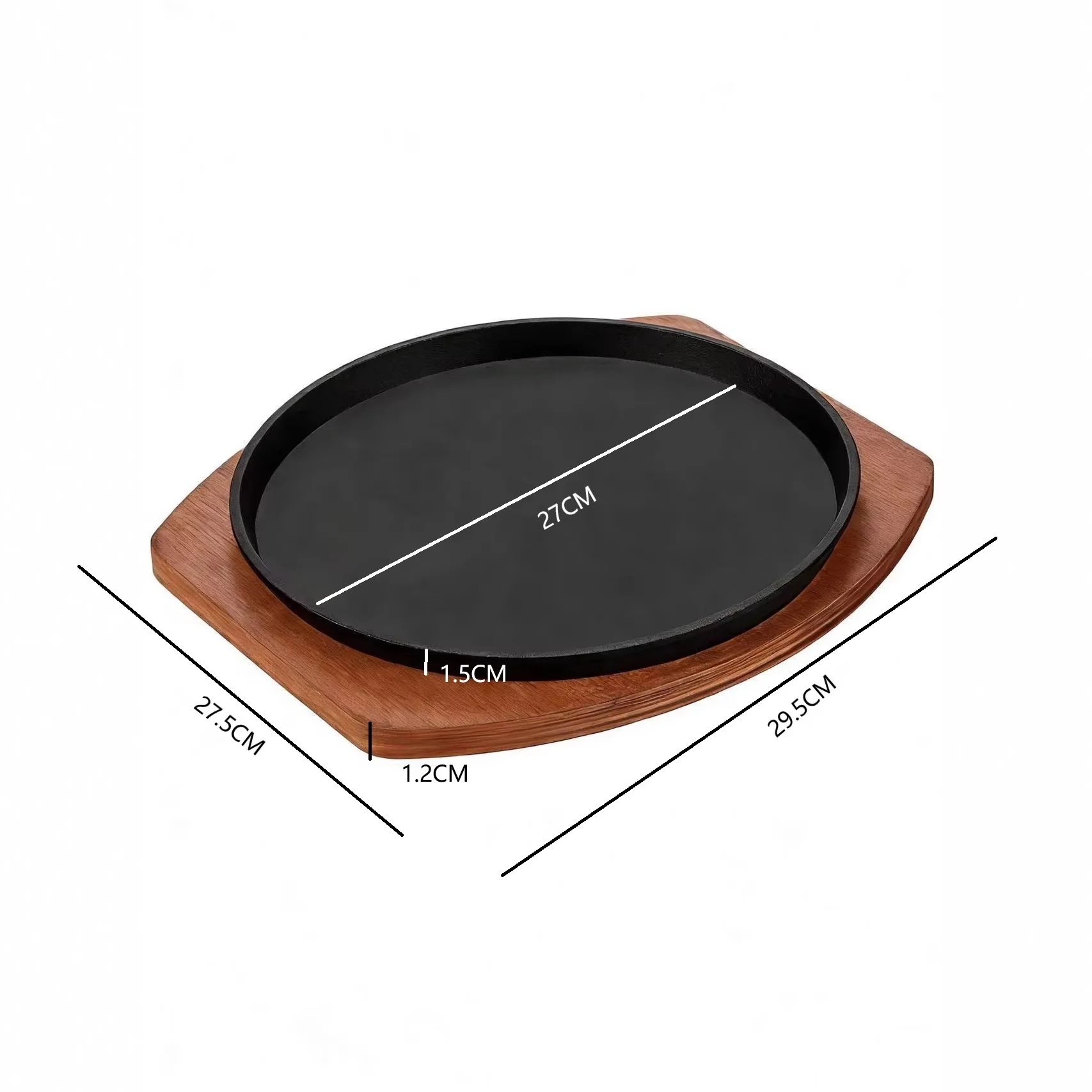 25/27/29cm Cast Iron Round Platter With Wood Trivet Heat Retaining Serving Dish Kitchen Restaurant Beef Meal Cooking Supply