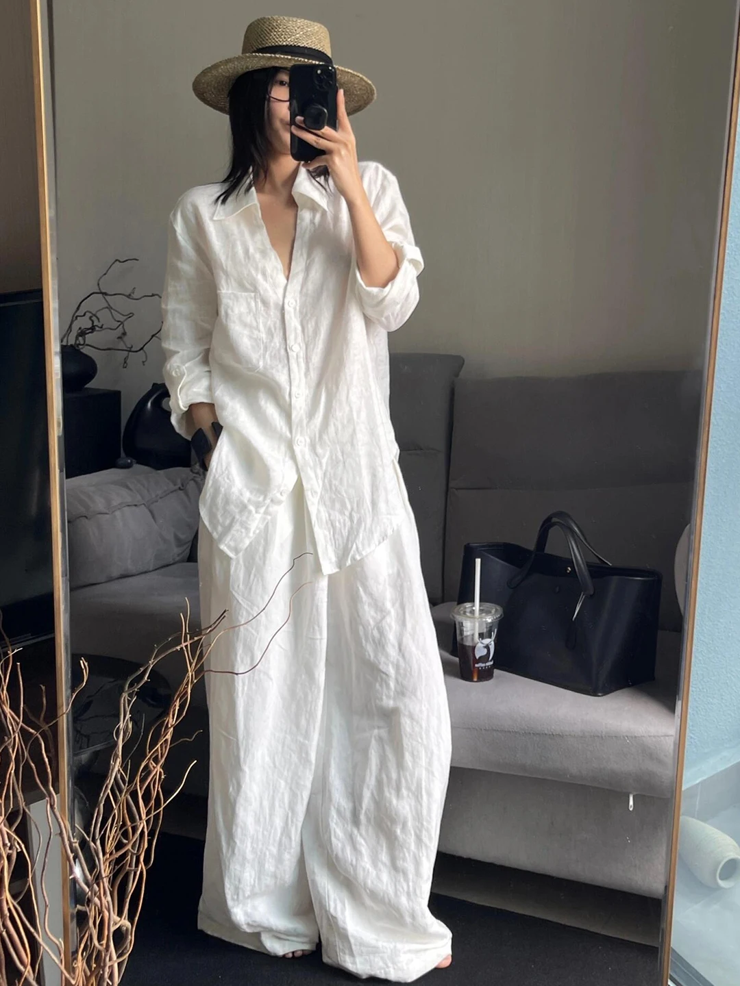 Women's Casual Linen Shirt Set Loose Fit Cotton Linen Jacket Loose Pants Two Piece Set Fall Fashion Minimalist Old Money Style