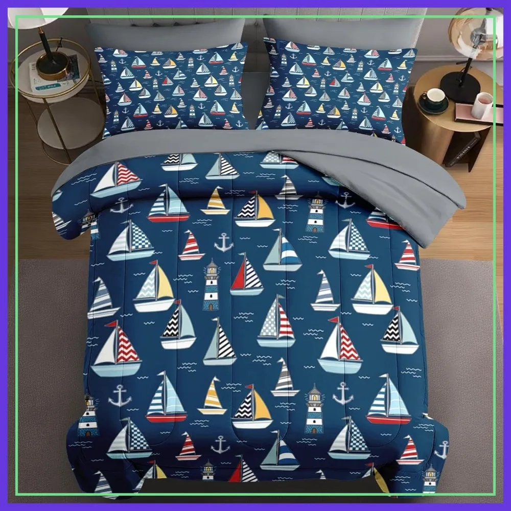 

7 Piece Full Size Comforter Set with Nautical Sailboat Pattern, Bed in a Bag with Sheets