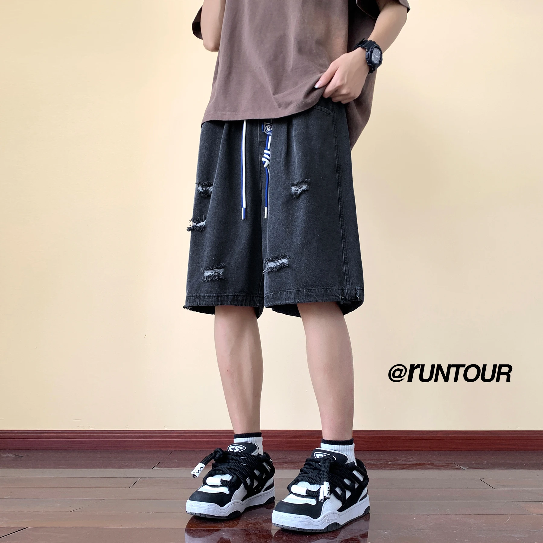 

Мужские летние джинсы Bla Ripped Casual Loose Straight Leg в американском ретро-стиле, тонкие, молодежные, модные, брендовые, прочные, износостойкие.