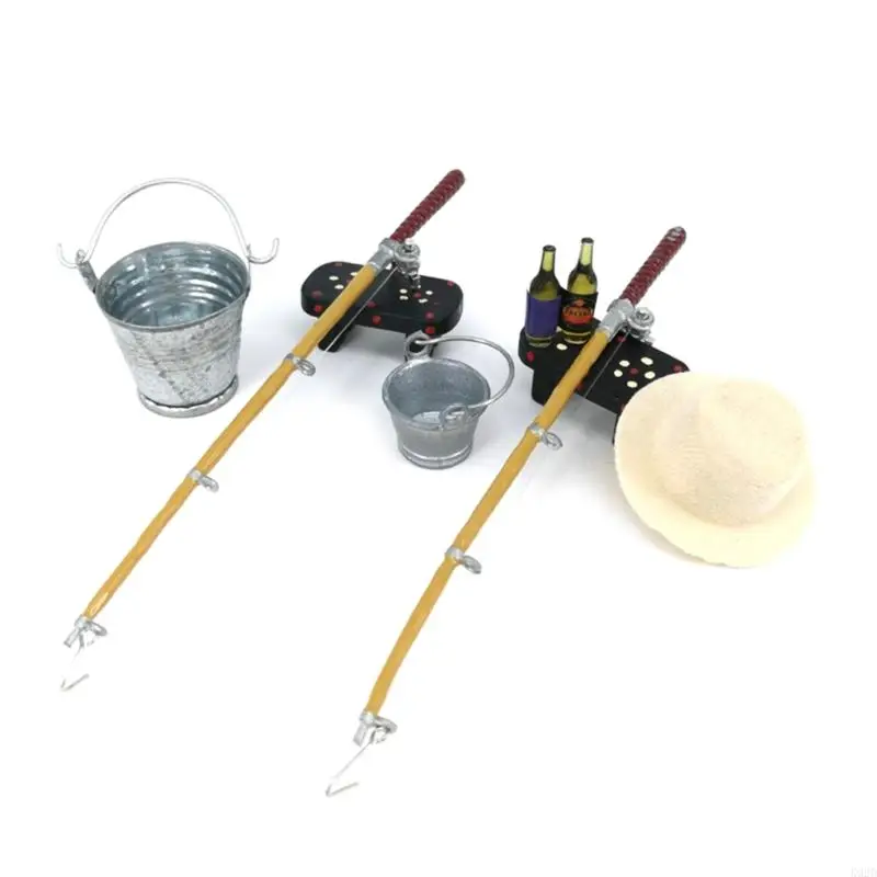 

K92D 1/12 Dollhouse Miniature Fishing Rod Hat Bucket Stool Model for Doll Life Decora