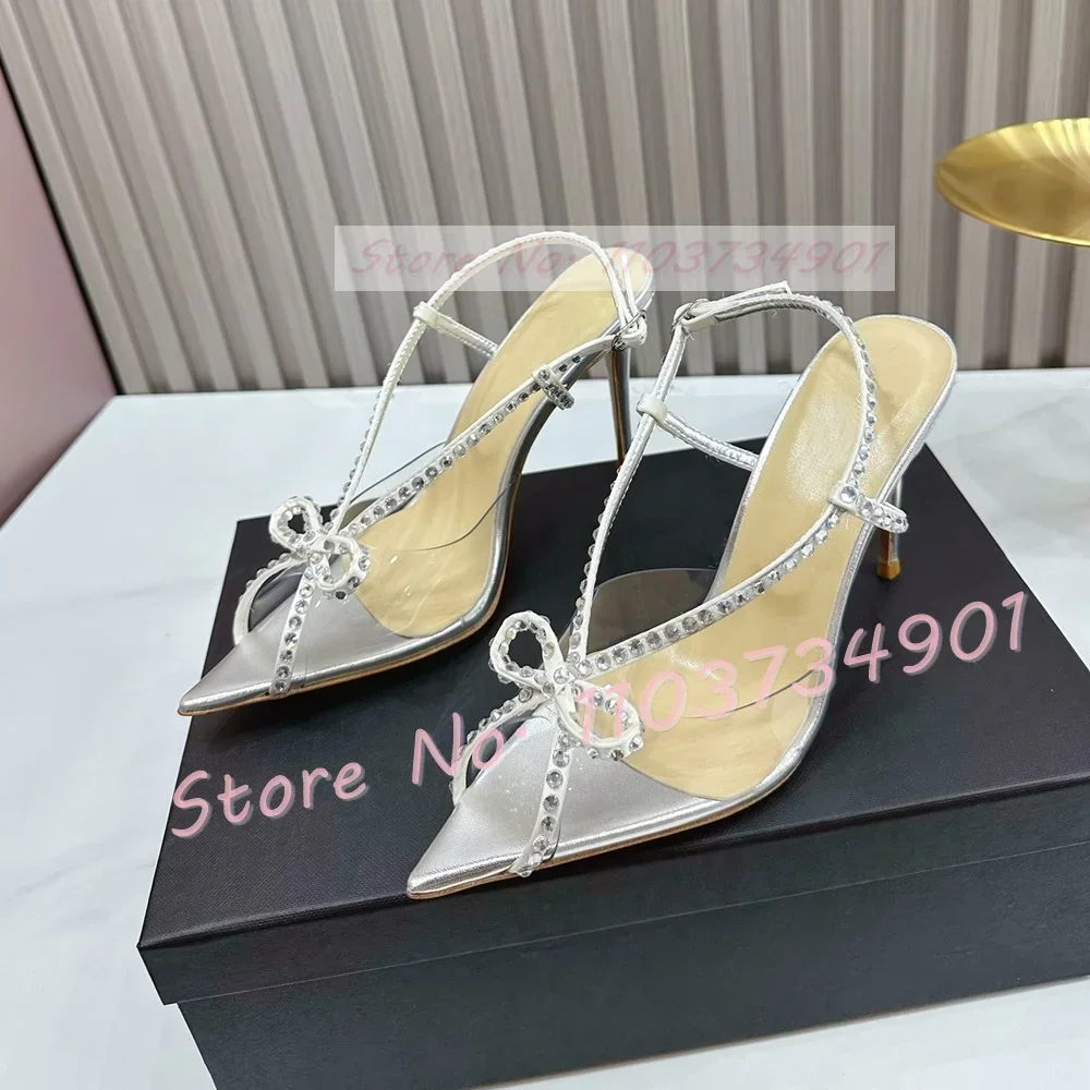 

Crystals Pvc Peep Toe Sandals Female Slingback Butterfly-knot Pointed Toe High Heels Shoes Women Summer Party Classy Sandals