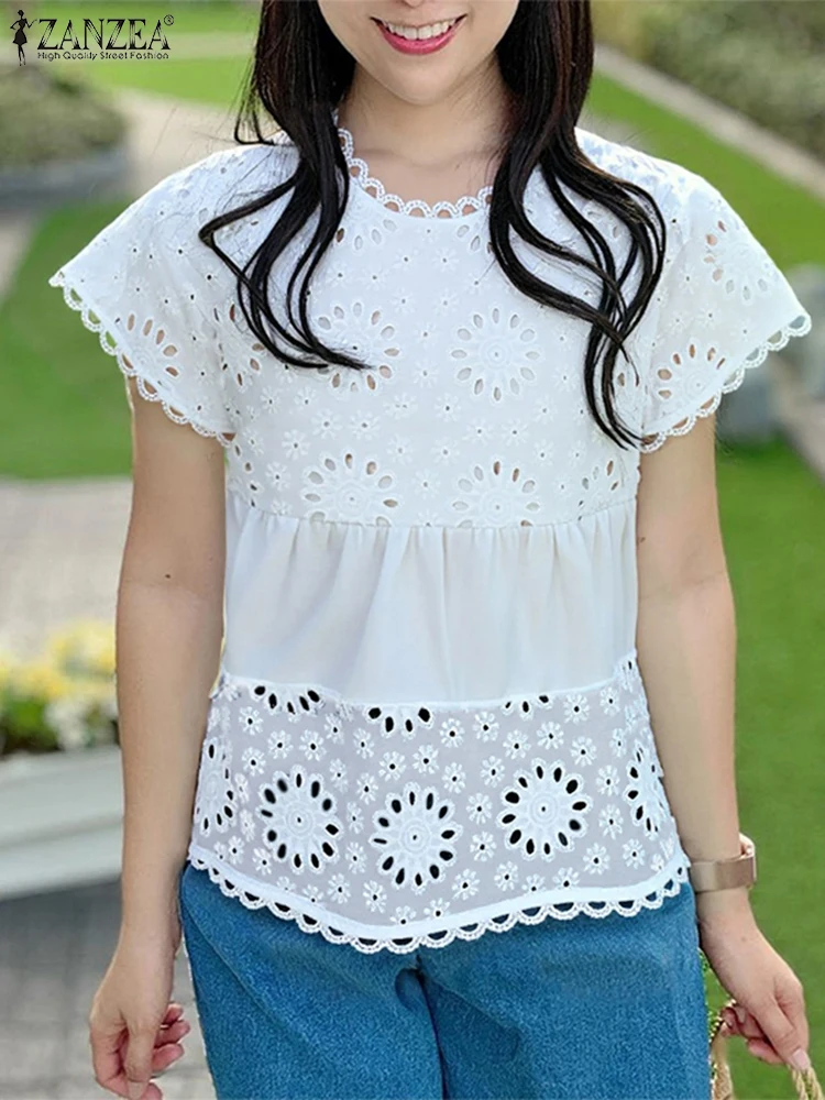 

Women Lace Tops Summer Vintage Hollow Out Blouse Fashion Short Sleeve Tunic Solid Pullovers Casual Loose Blusas 2025 ZANZEA