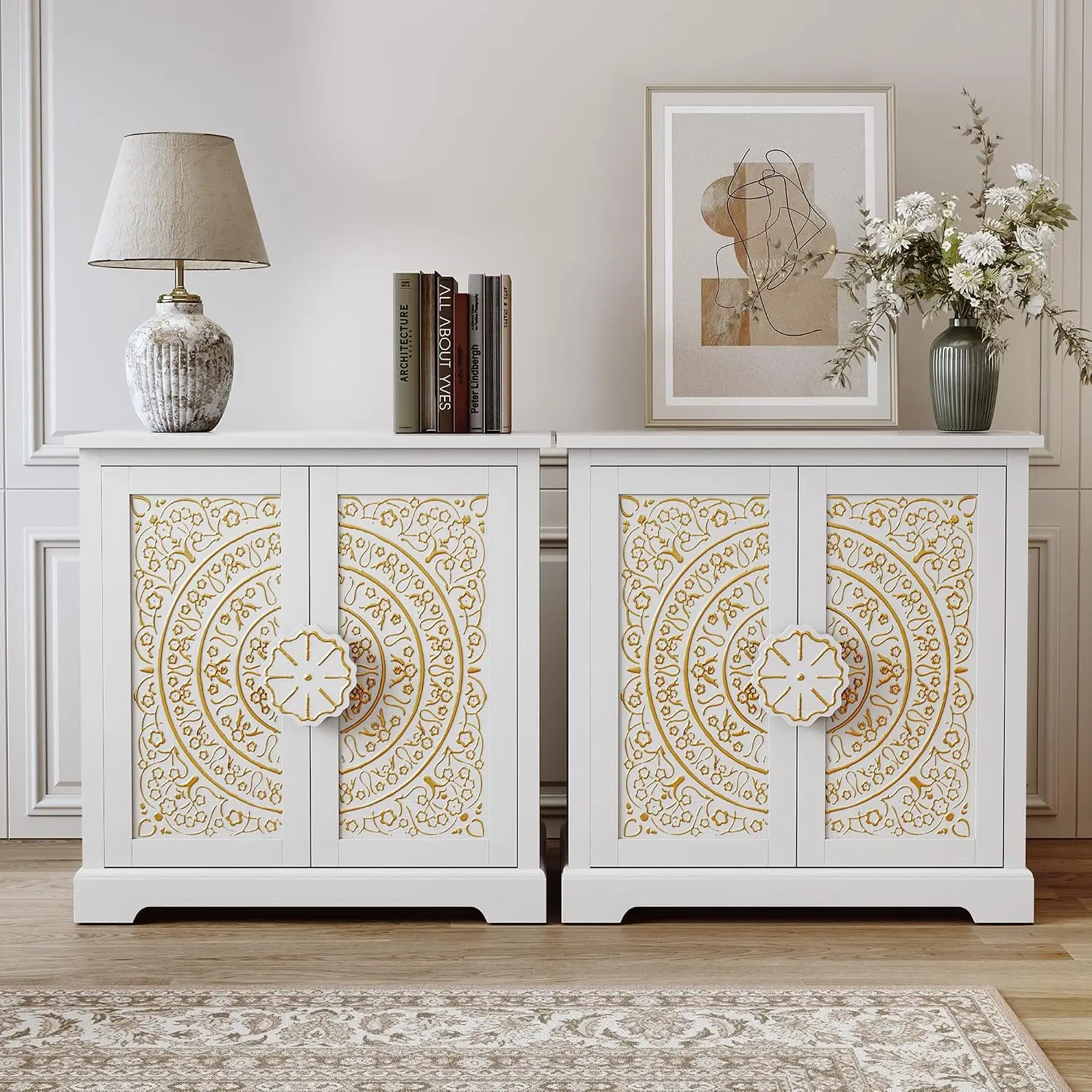 Embossed Accent Cabinet Set of 2 with Gold Floral Pattern White, Customized