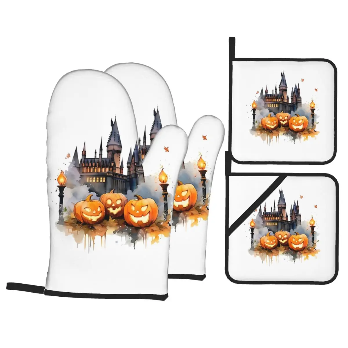 

Spooky Pumpkins, Halloween-1725689575.963485 Insulation Four-Piece Set Gloves Oven Gloves Kitchen Baking Tools