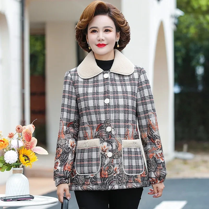 Mother's Coat Velvet Padded Fashion Autumn Winter Woolen Middle-Aged Elderly Women's Granular Velvet  Lapel Cotton-Padded Coat