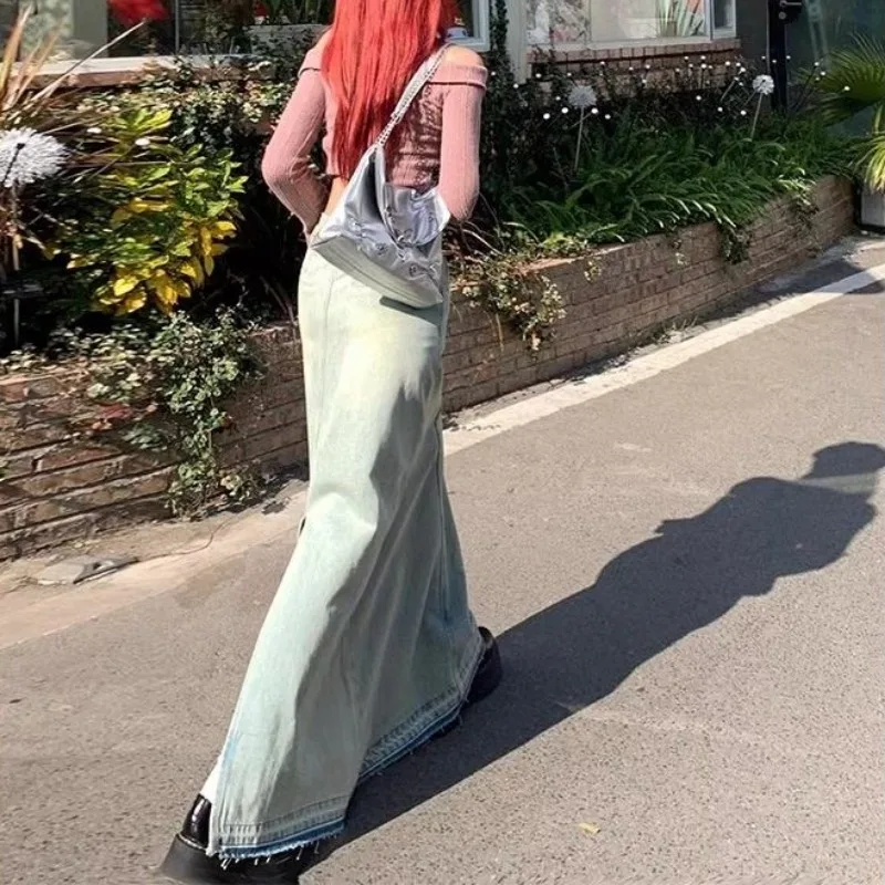 

Джинсовые юбки женские летние новые нишевые дизайны с высокой талией и запахом бедра тонкие трапециевидные шикарные карманы на молнии корейская модная повседневная уличная одежда Ins