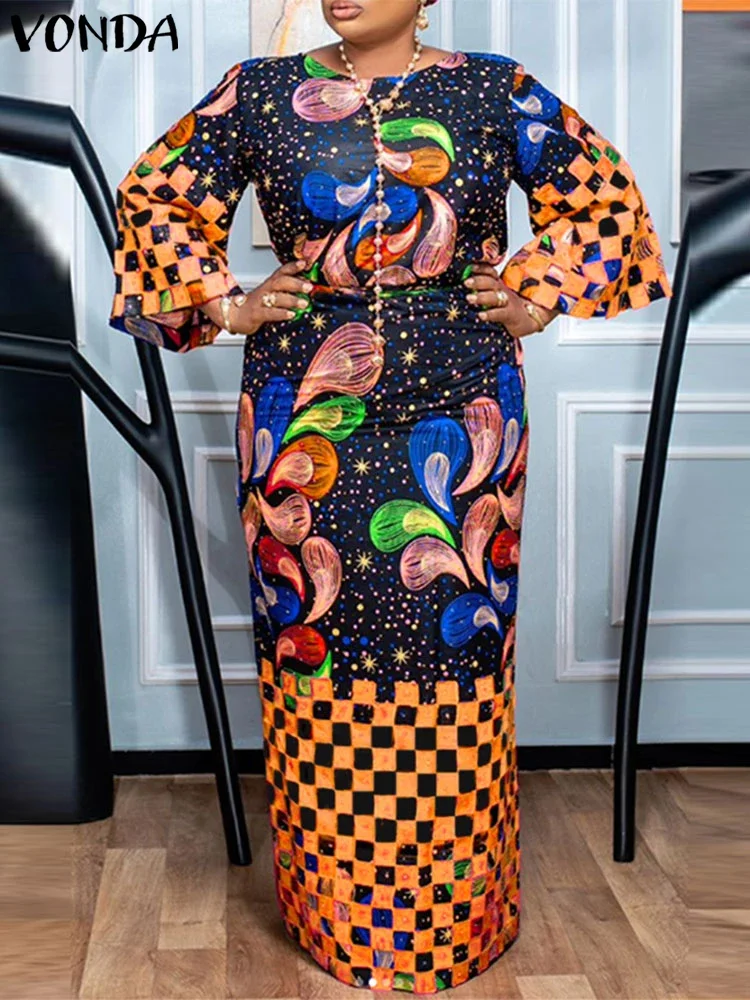 

Плюс размер 5XL VONDA женское богемное платье с принтом с длинными расклешенными рукавами макси сарафан 2025 повседневное свободное платье оверсайз халат Femme
