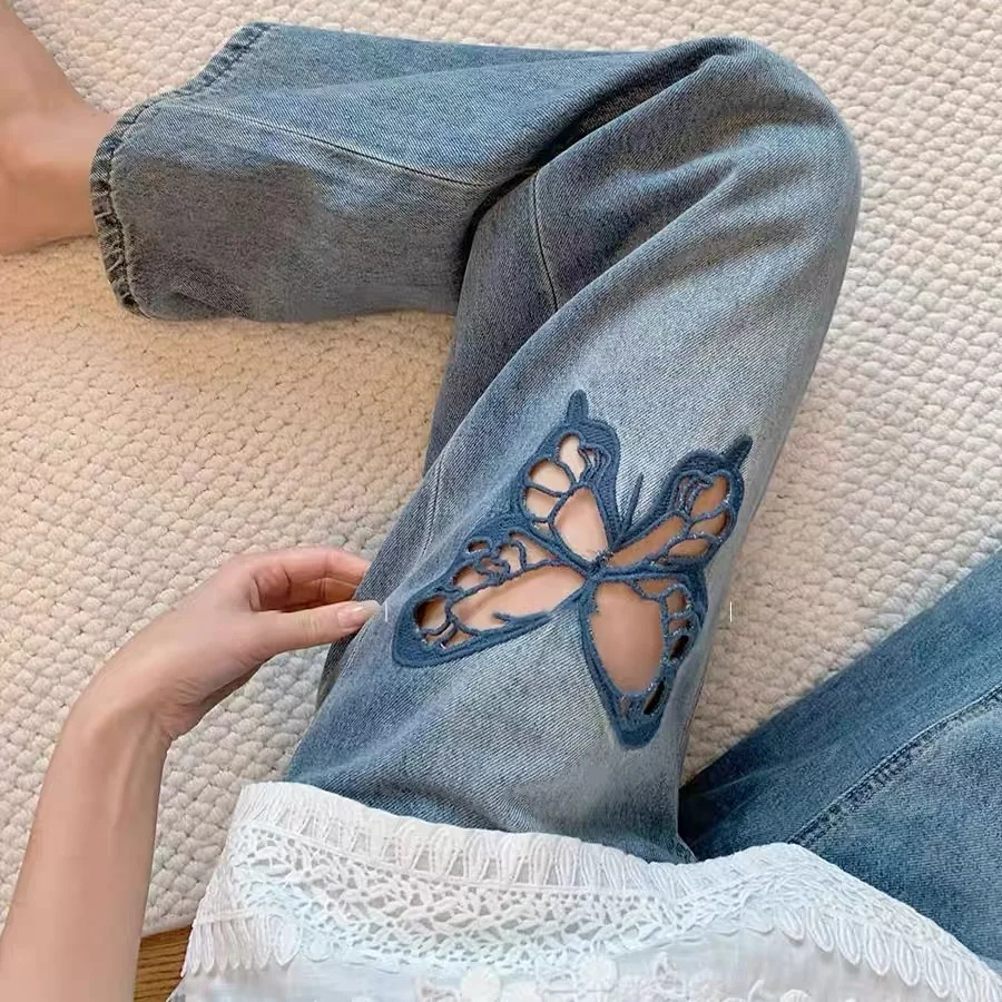 

Y2K синие джинсы женские ретро полые прямые брюки с бабочкой девять десятых широких штанинов осенний дизайн смысл