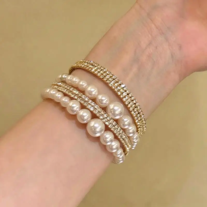 Gold Plated Layered Pearl Cuff Bracelet Rhinestone Inlay Long Lasting Shine Jewelry for Wedding Evening Party Prom