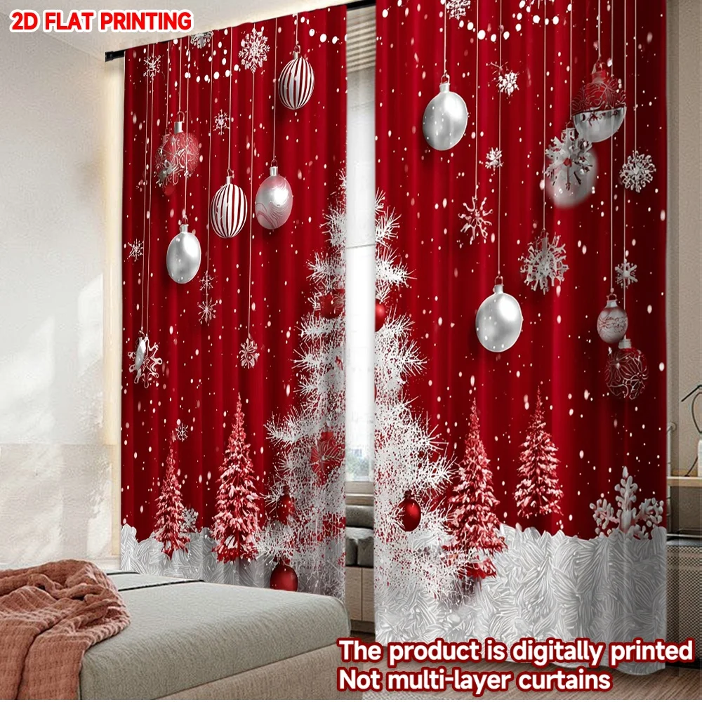 2D-Flachdruck, 2 Stück, Weihnachtsszenenvorhänge, Weihnachten, verschneite rote Szene, digital bedruckte Polyester-Vorhänge, Geburtstagsfeier für