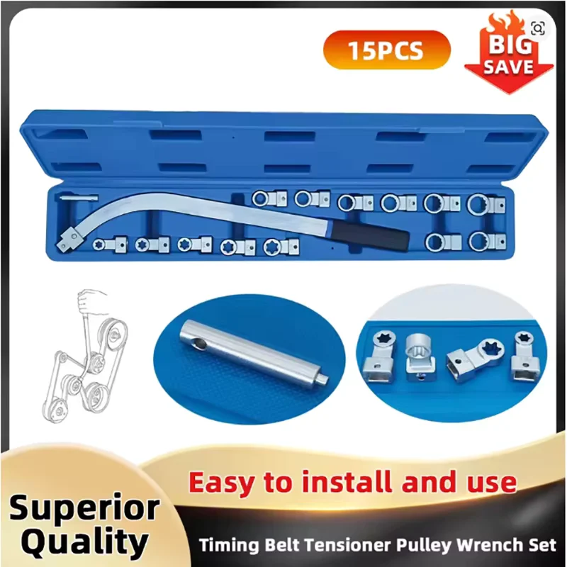 Set di 15 Chiavi Tendicinghia Intercambiabili 12-19mm, Kit Ausiliario per Cinghie di Distribuzione E10 E12 E14 E16 E18, Strumento per Riparazione Auto