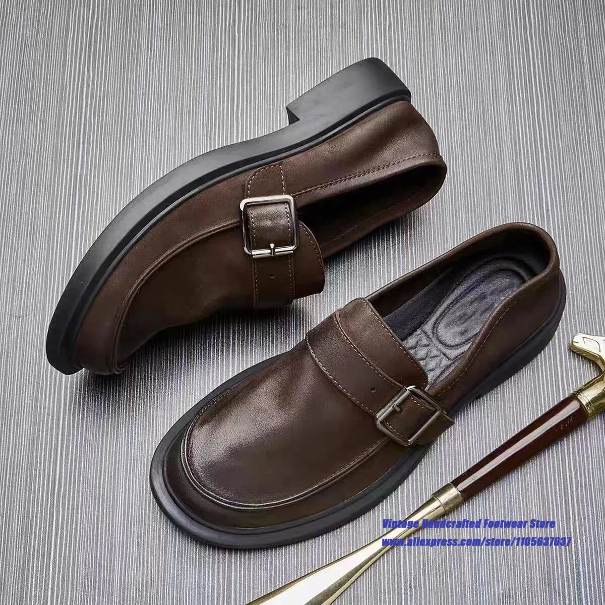 Men's Brown Leather Loafers Adjustable Metal Buckle Slip On Dress Shoes Thick Sole Casual Shoes ﻿Vintage Handcrafted Men's Shoes