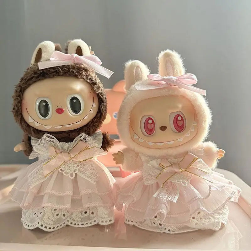 17 centimetri Mini Peluche Vestiti della Bambola Vestito Accessori Per La Corea Kpop Labubu Idol Rosa brillante fiocco di seta principessa gonna di garza Abbigliamento