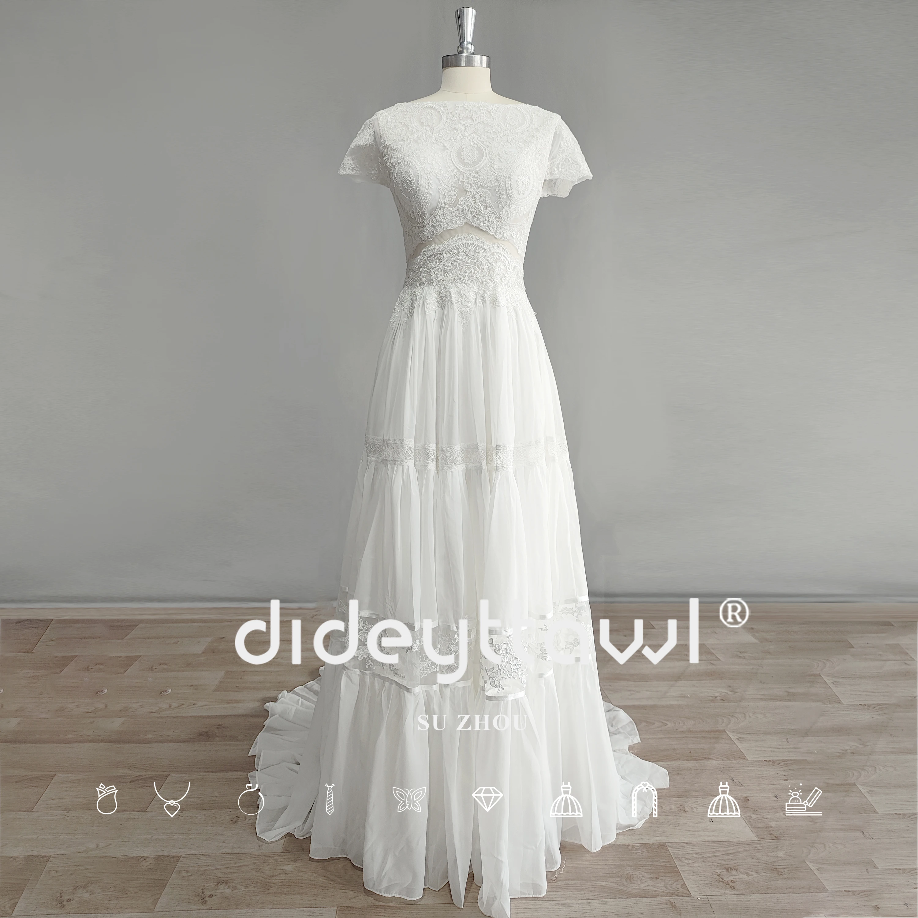 DIDEYTTAWL Real Photo Floral Lace Applique Cap Sleeve Bridal Gown 2023 A Line Backless Wedding Dress For Women