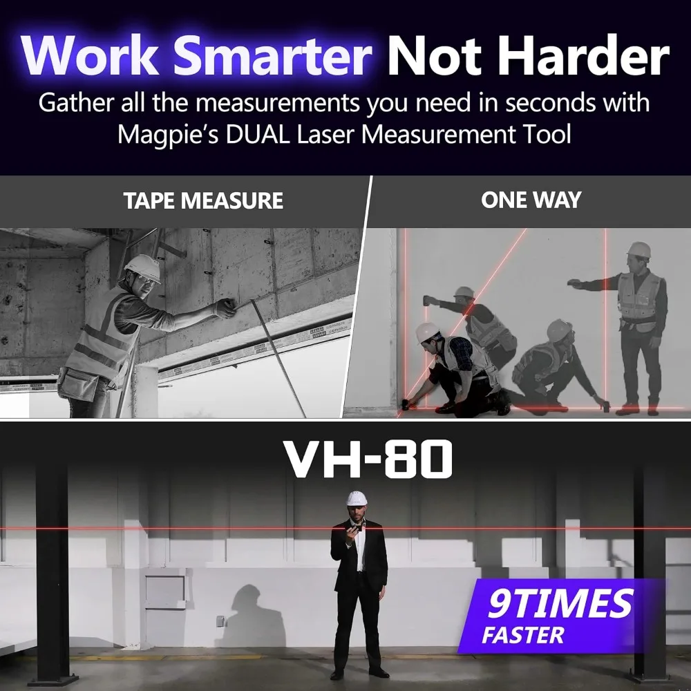 The First Bilateral Laser Measurement Tool - MAGPIE VH-80, 262ft/80m Dual Laser Distance Meter with Bluetooth App Connection