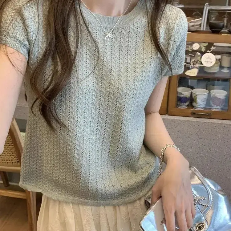

Casual Thin Short Sleeve round Neck Women's T-shirt Hollow out Knitted Summer Fashion College Style Soft Viscose Korean Version