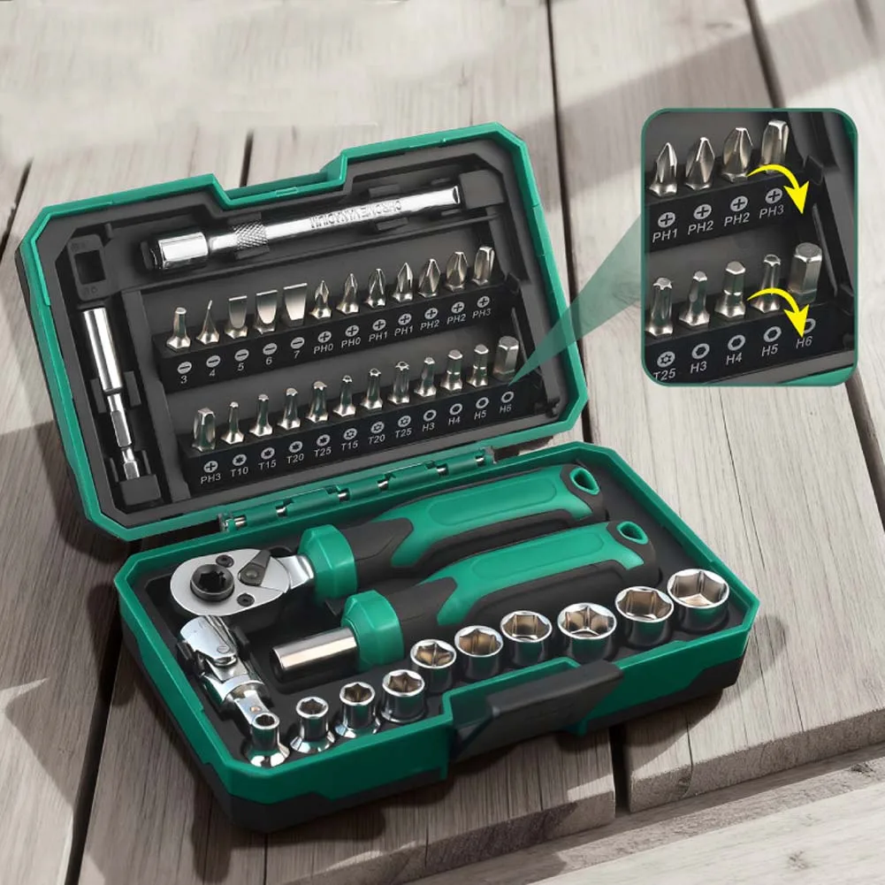 40Pcs/set Ratchet Wrench Screwdriver Household Repair Tool Screw Driver Bit Magnetic 150x95x45mm Hand Power Tool Accessories