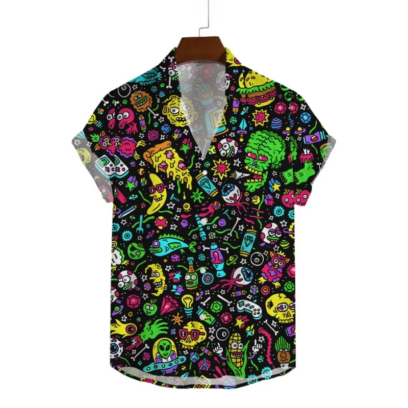 Men's Graffiti Doodle Print Hawaiian Shirts Neon Cartoon Monster Pizza Pattern Short Sleeve Button Down Casual Summer Shirts