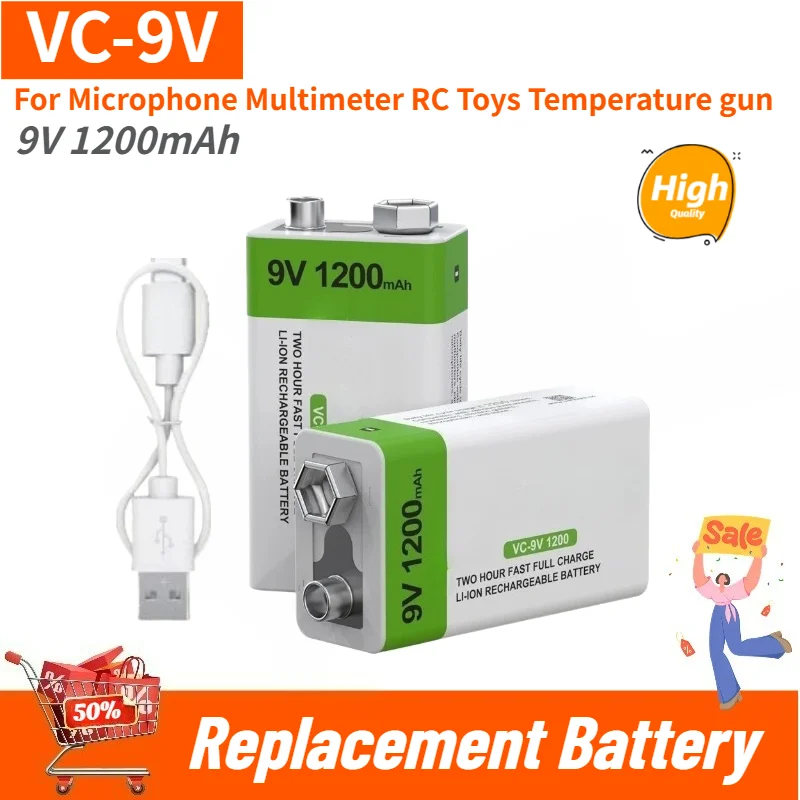 

High Quality VC-9V 1200mAh li-ion Replacement Battery 6F22(9V) Type-C For Microphone Multimeter RC Toys Temperature gun New