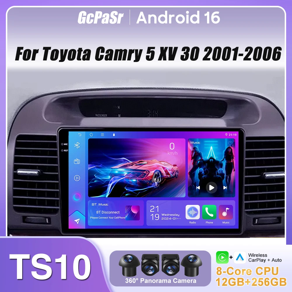 Radio para Auto con Carplay Android 16, GPS, Navegación, Reproductor Multimedia, Android Auto 2K, Sin 2din, BT, DVD, para Toyota Camry 5 XV 30 2001-2006