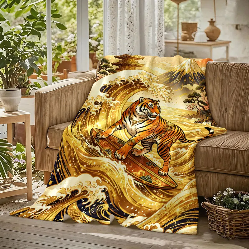 Japanese Tiger Surfing Wave Flannel Blanket Warm Soft Halloween Christmas Decorative Couch Warm Cozy All-Season Gift