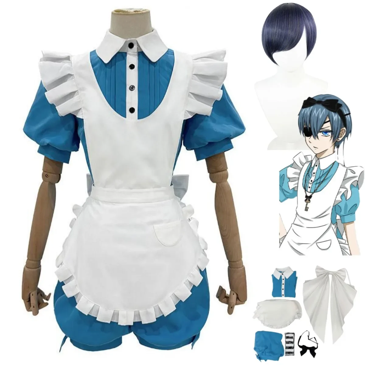 

2025 Anime Ciel Phantomhive Smile Cosplay Costume Kuroshitsuji Alice Alice Maid Apron Dress Wig Man Woman Cute Christmas Suit