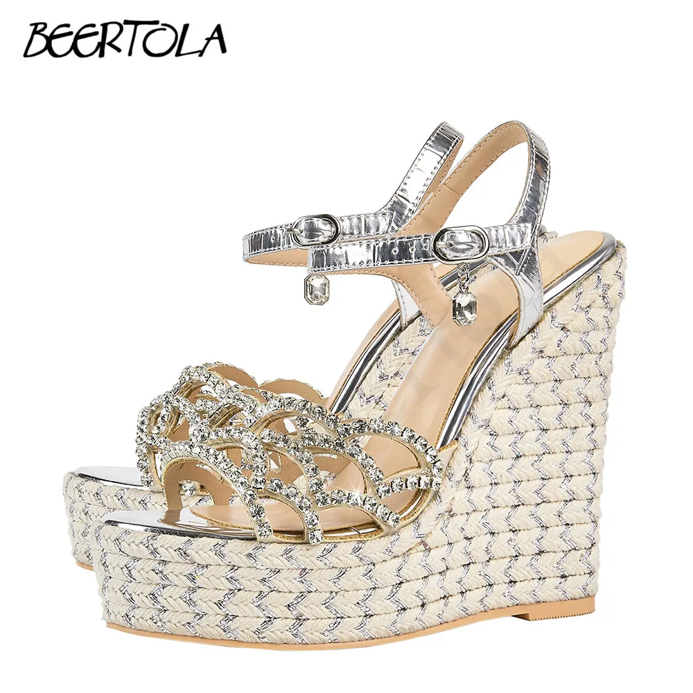 

Women's Braided Rhinestone Espadrilles One-Piece Buckle Wedge Sandals Large Size High Platform Fashion High Heel Sandals