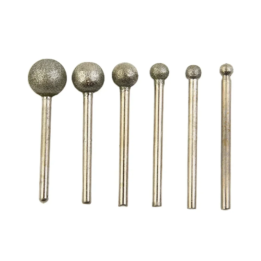 6PCS/set Diamond Round Ball Burr Drill Bit Set For Carving Engraving Drilling 4/5/6/8/10/12mm Grinding Needle Head 3mm Shank